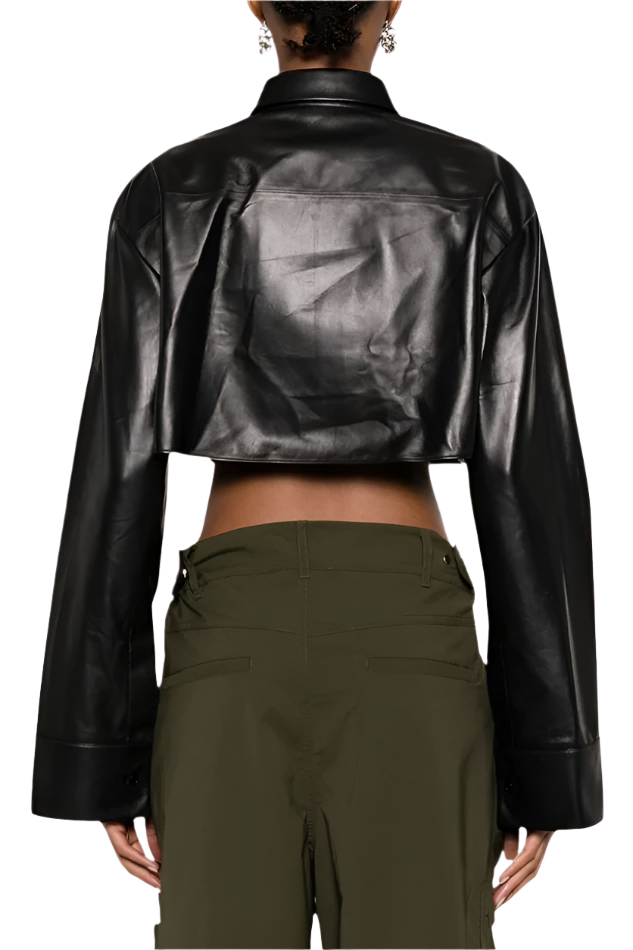 Elevate your style with our Chic Cropped Genuine Leather Button-Down Shirt featuring a collar and long flare sleeves. Crafted from high-quality leather, this shirt exudes sophistication and flair. Shop now for a timeless addition to your wardrobe! back