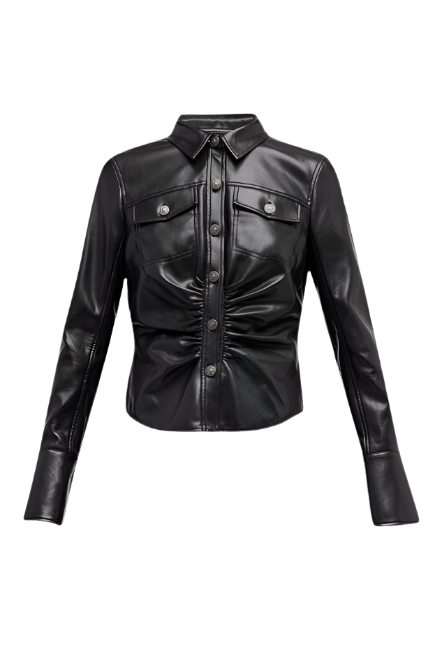 Accentuate your curves with our Genuine Leather Button-Down Top featuring a ruched design on the waist and circular hem. Complete with a collar, 2 front pockets, and accent buttons. Shop now for a chic and flattering silhouette