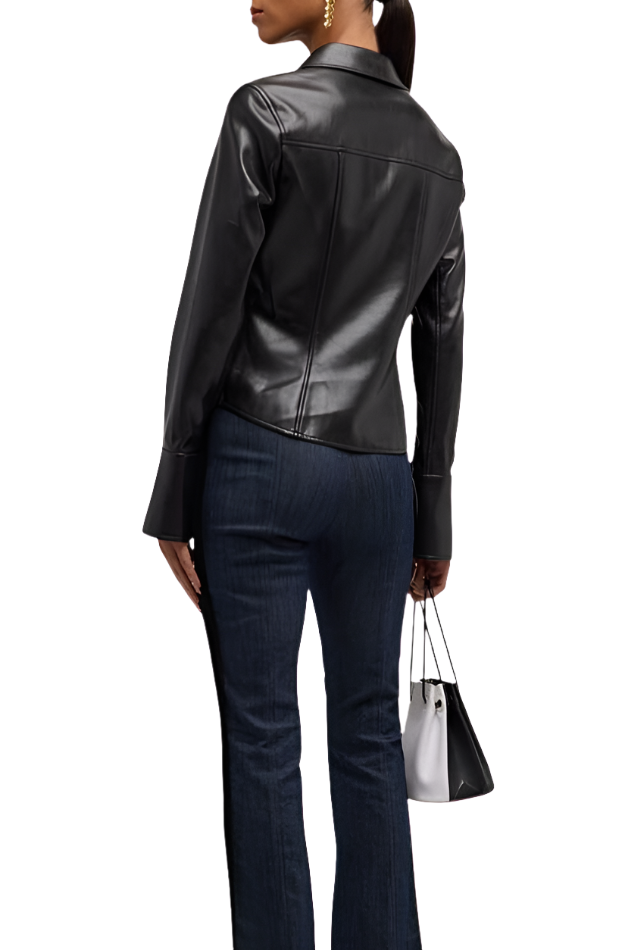 Accentuate your curves with our Genuine Leather Button-Down Top featuring a ruched design on the waist and circular hem. Complete with a collar, 2 front pockets, and accent buttons. Shop now for a chic and flattering silhouette