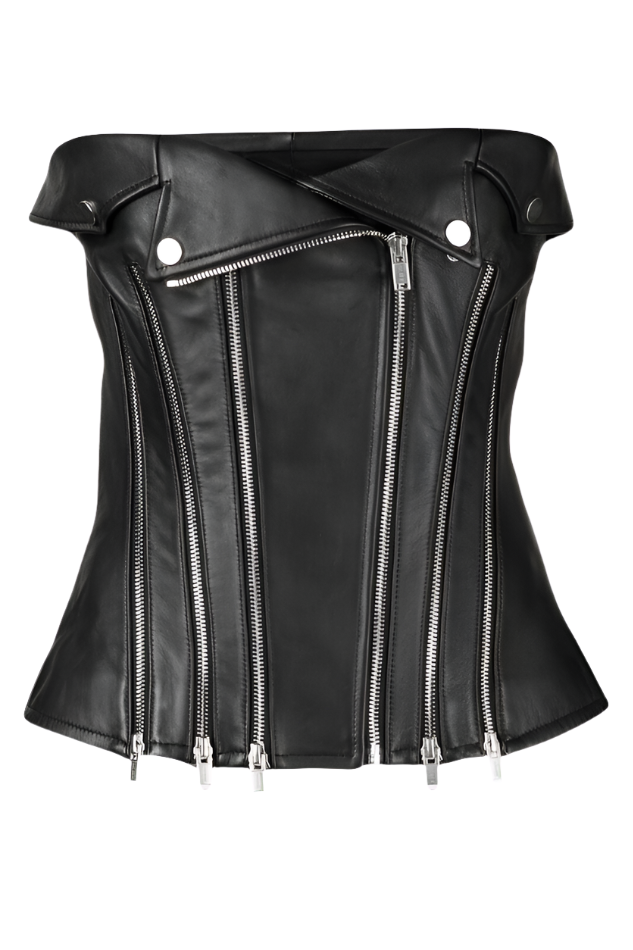 Make a statement in our Genuine Leather Bustier Top featuring 6 front zippers with a front lapel zip closure for easy access. Black zippers with silver accents add a touch of edge and sophistication. Shop now
