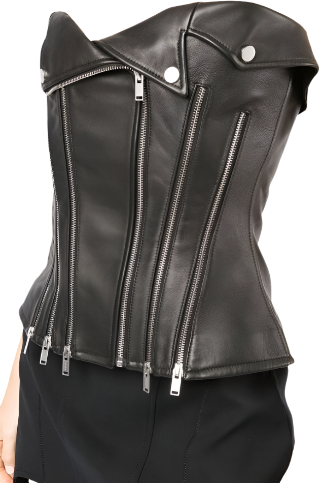 Make a statement in our Genuine Leather Bustier Top featuring 6 front zippers with a front lapel zip closure for easy access. Black zippers with silver accents add a touch of edge and sophistication. Shop now