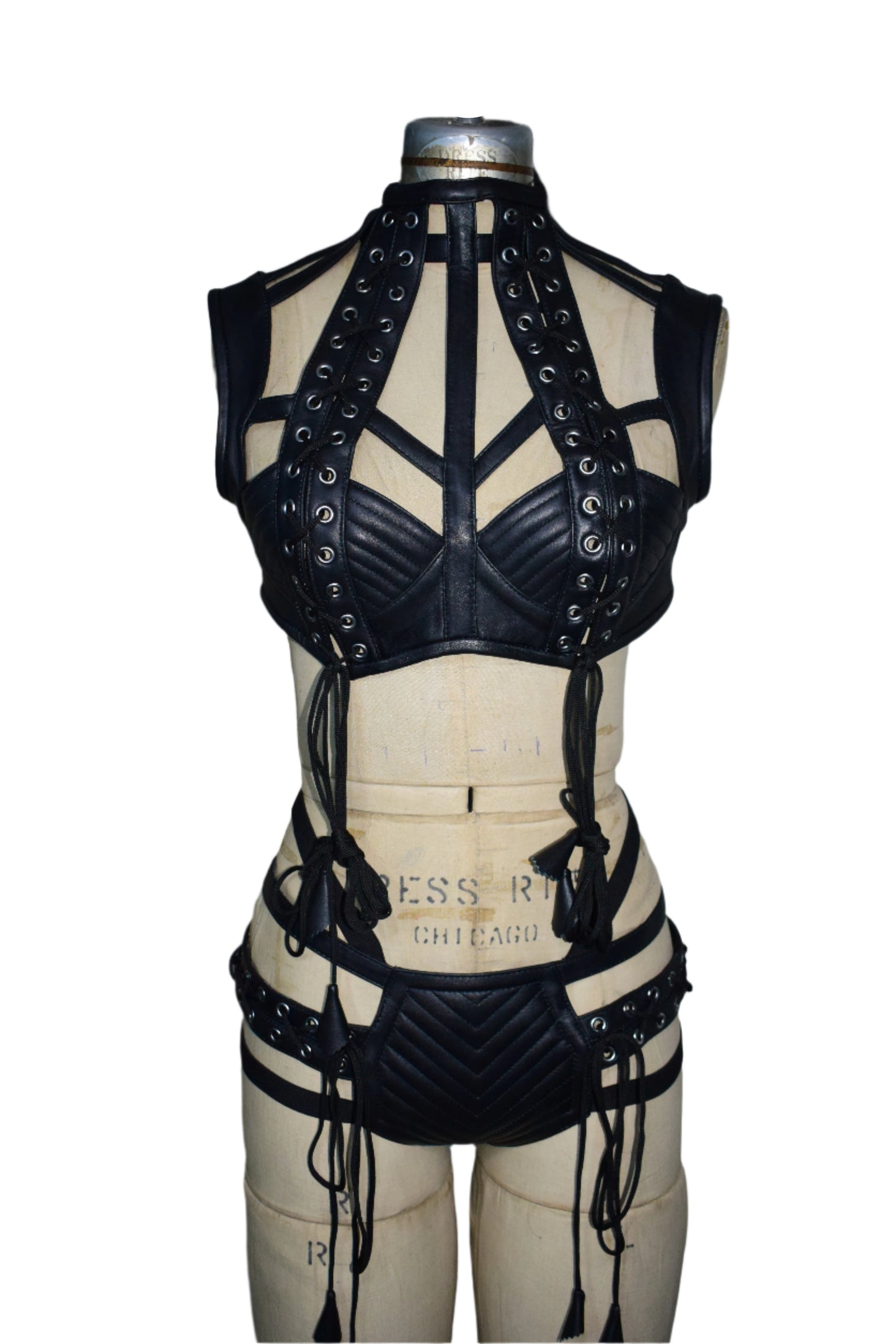 Black Quilted Leather Lingerie Set with Lace-Up & Zipper