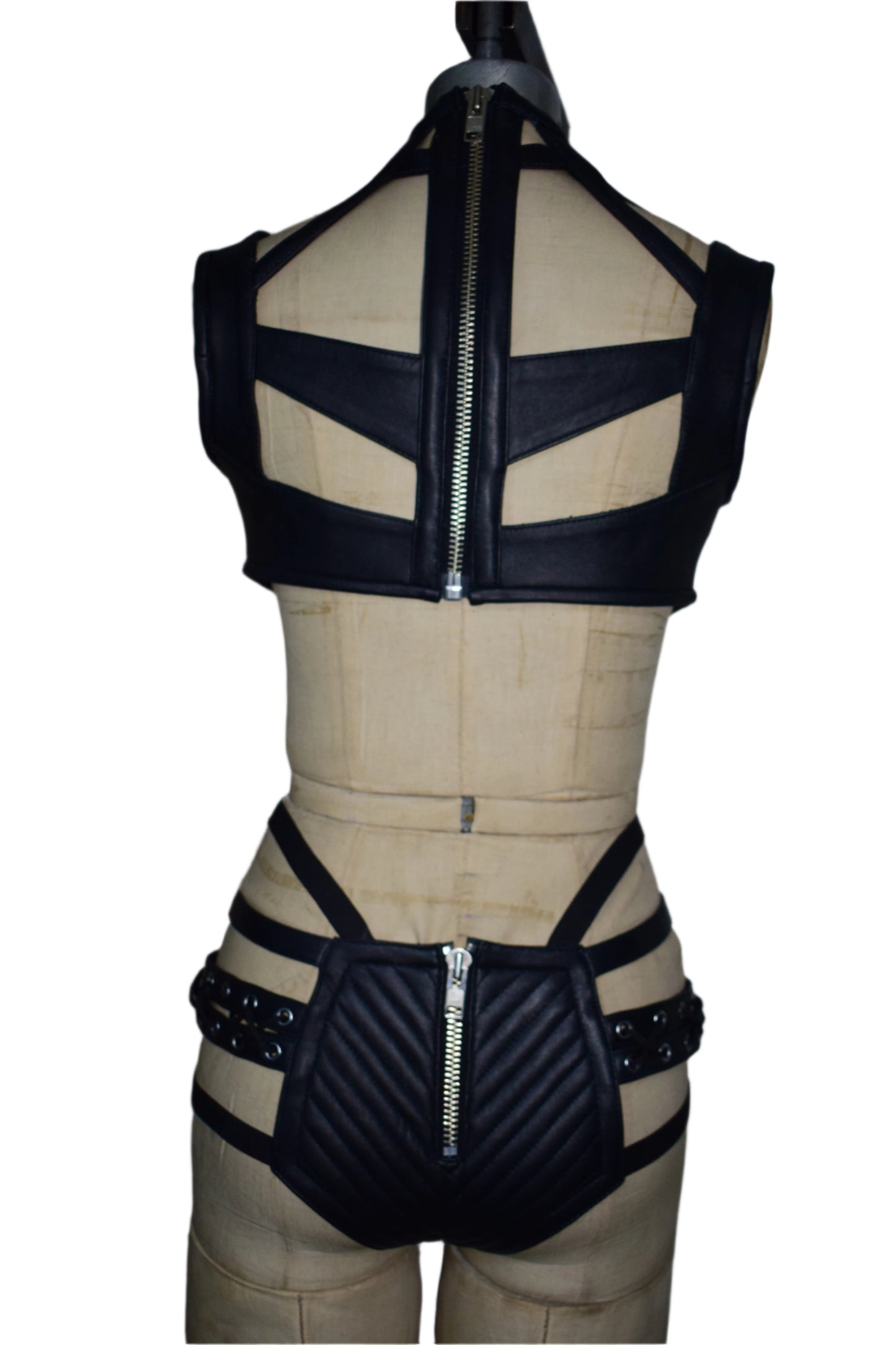 Black Quilted Leather Lingerie Set with Lace-Up & Zipper