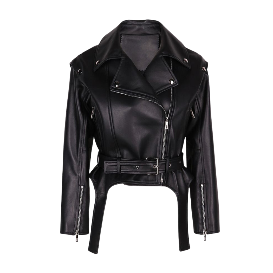 Stay versatile with our Convertible Genuine Leather Jacket featuring dual-way sleeves. Wear it as cut-out sleeves or close the eyelets for full sleeves. Our real leather jacket has a zipper lapel collar and adjustable waist belt. Shop now for high-quality and affordable style!