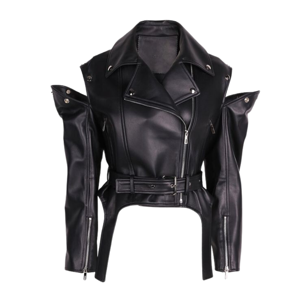 Stay versatile with our Convertible Genuine Leather Jacket featuring dual-way sleeves. Wear it as cut-out sleeves or close the eyelets for full sleeves. Our real leather jacket has a zipper lapel collar and adjustable waist belt. Shop now for high-quality and affordable style!