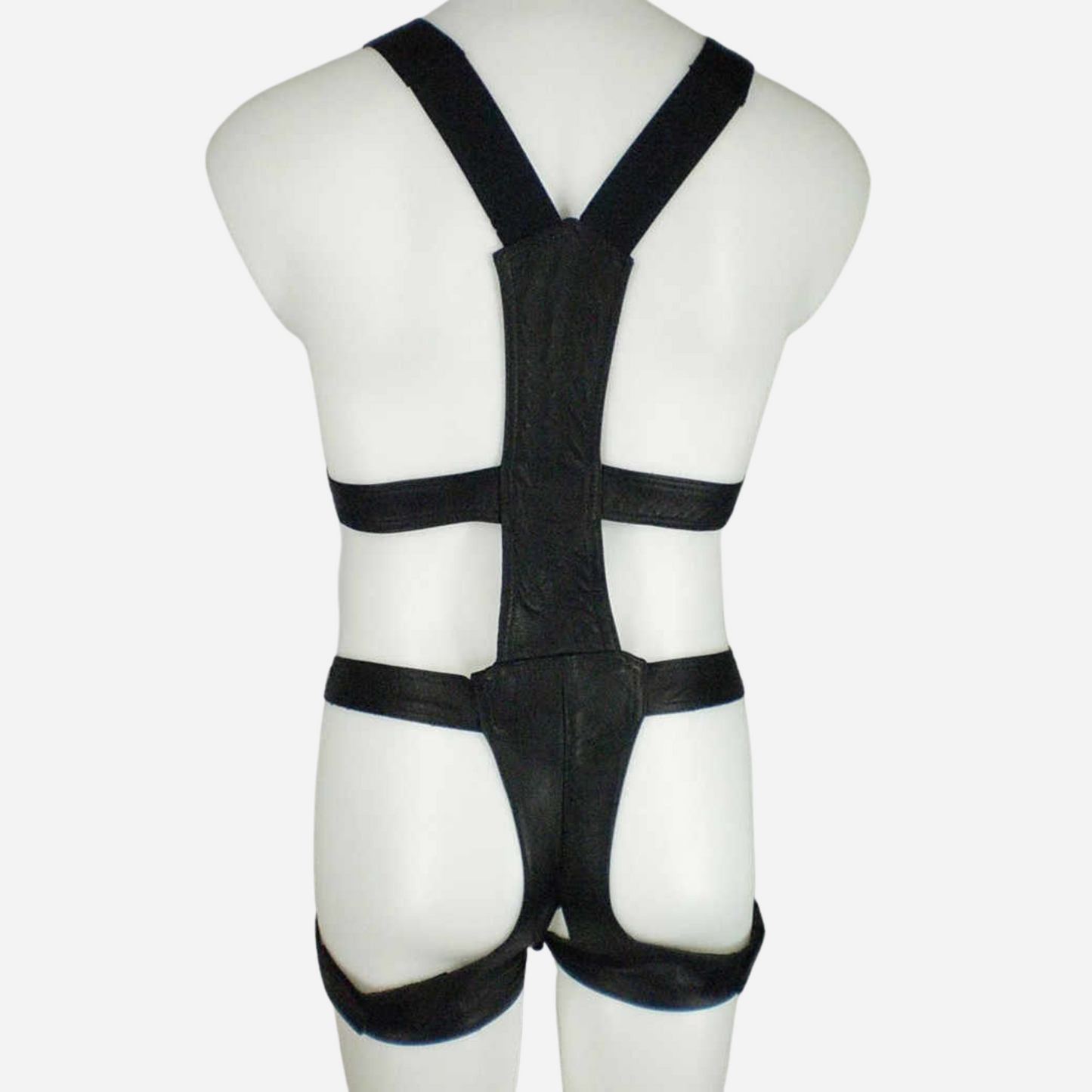 Real Leather black body harness with cod piece, adjustable straps.