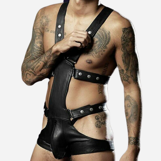 Real Leather black body harness with cod piece, adjustable straps.