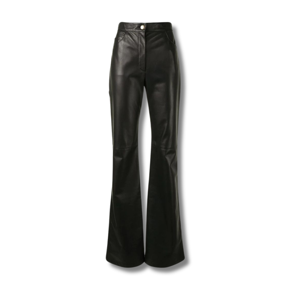 Ailsa Classic Flared Leather Pants, crafted from genuine leather for unparalleled quality and durability. These black leather pants offer a timeless silhouette with a flattering flared leg, providing both style and comfort.