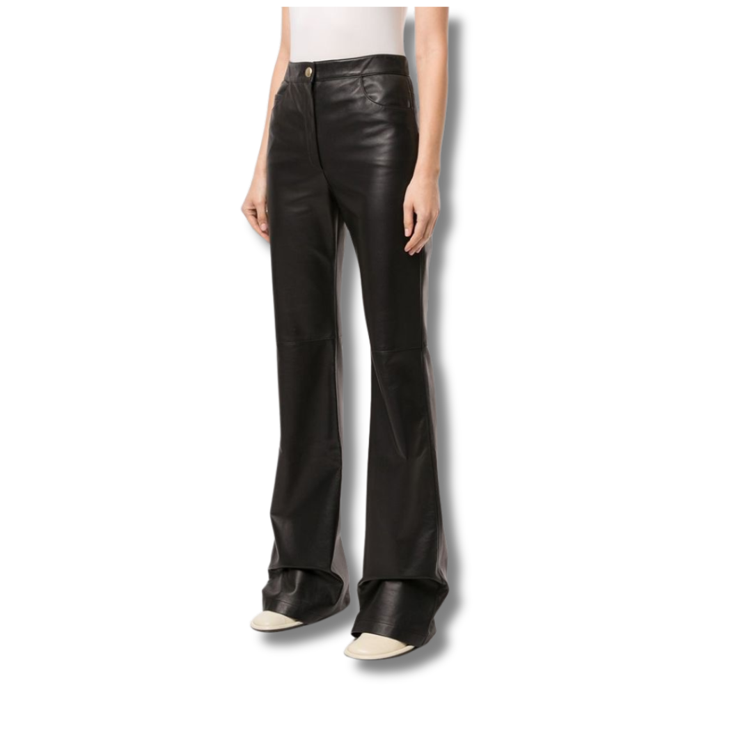 Ailsa Classic Flared Leather Pants, crafted from genuine leather for unparalleled quality and durability. These black leather pants offer a timeless silhouette with a flattering flared leg, providing both style and comfort.