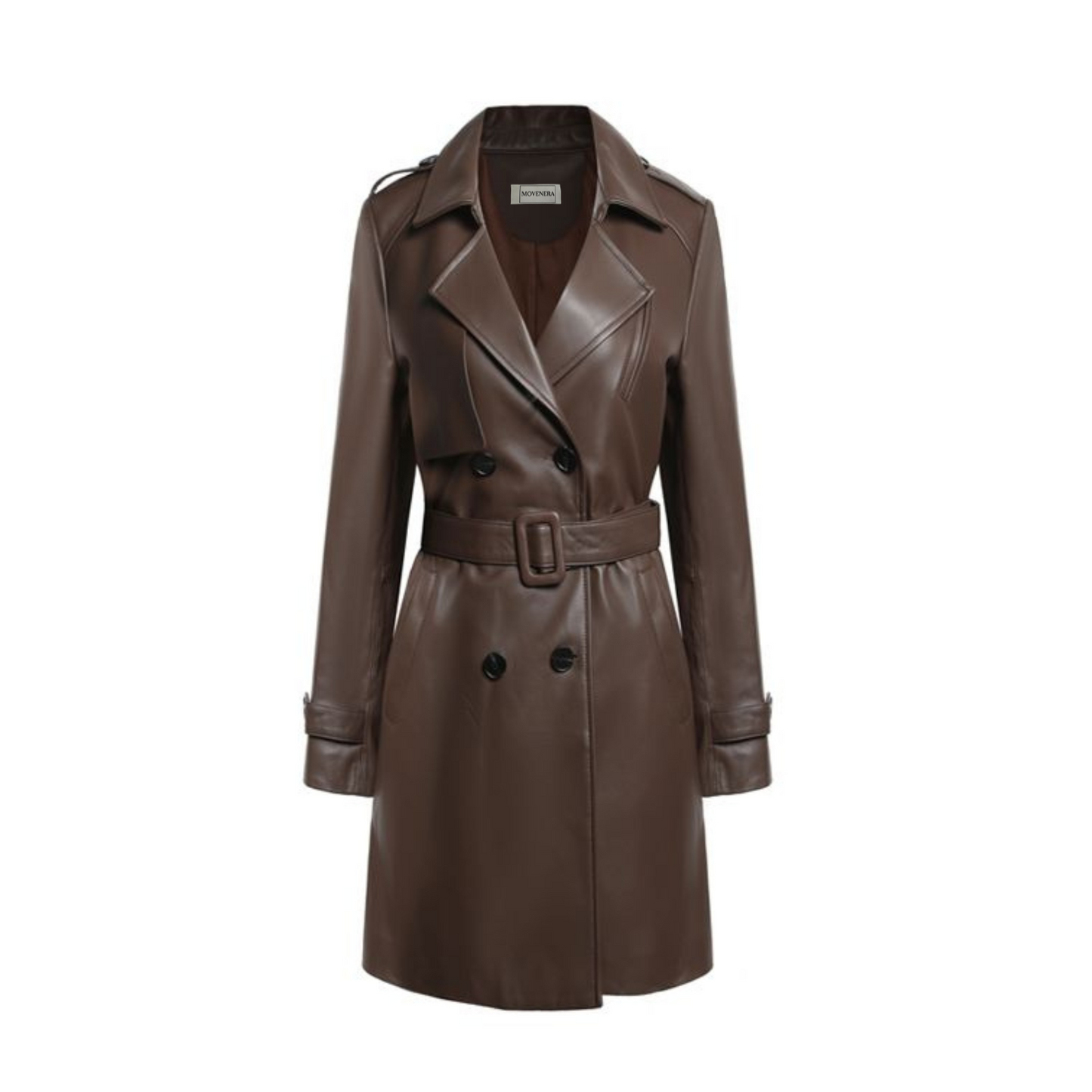 Upgrade your wardrobe with our stylish double-breasted brown midi leather coat, featuring a lapel collar, waist belt for a tailored fit, and eye-catching shoulder and wrist strap details. Made from durable genuine leather, this versatile coat offers the perfect balance of fashion and function. Enjoy custom sizing and a flawless fit when you shop at Movenera.