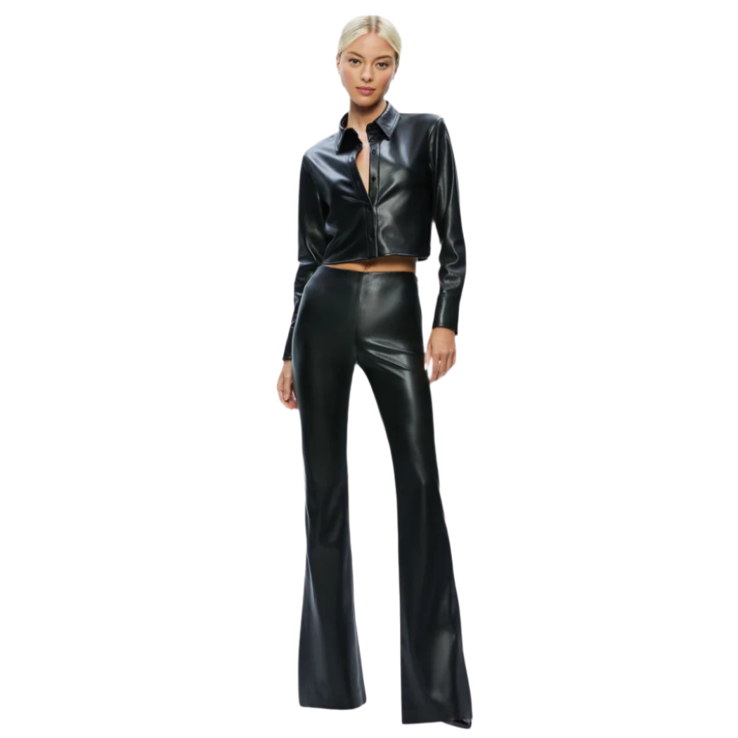 our Genuine Leather Button Down Cropped Shirt, handmade with premium stitching. Crafted from genuine leather, featuring a collar and full sleeves for timeless style. Shop now! Size inclusive