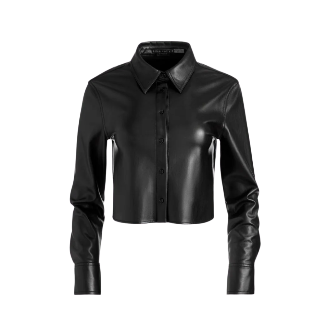 our Genuine Leather Button Down Cropped Shirt, handmade with premium stitching. Crafted from genuine leather, featuring a collar and full sleeves for timeless style. Shop now! Size inclusive