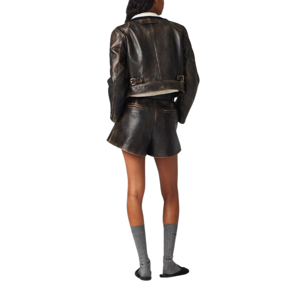 Distressed Brown Leather Shorts Women