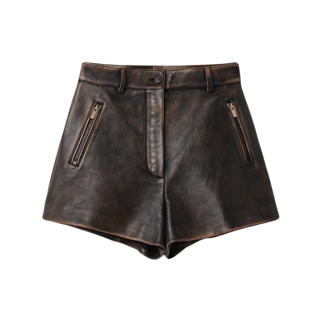 Distressed Brown Leather Shorts Women