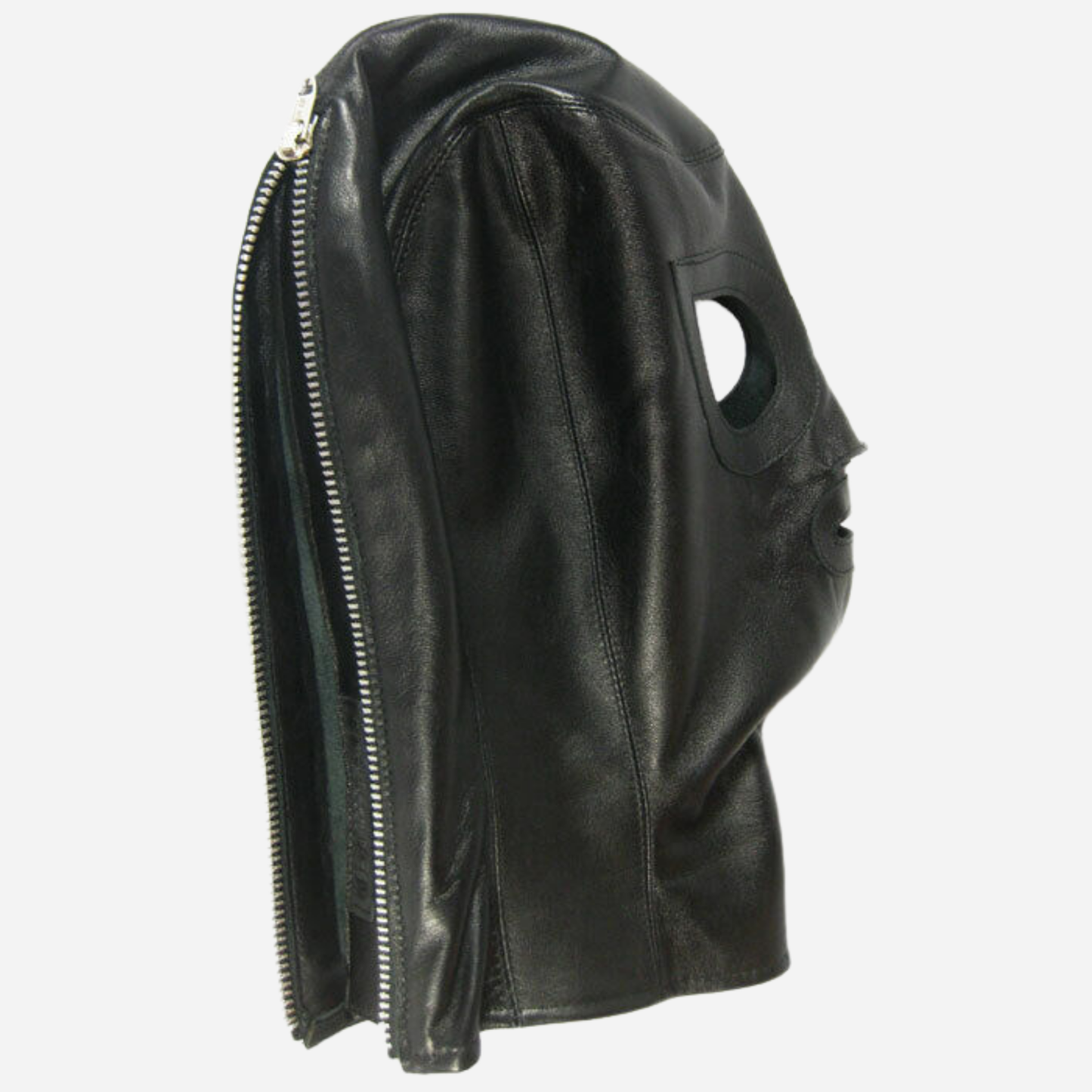 Genuine Leather Black Hood Mask With zipper fastening back.