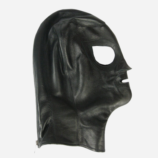 Genuine Leather Black Hood Mask With zipper fastening back.