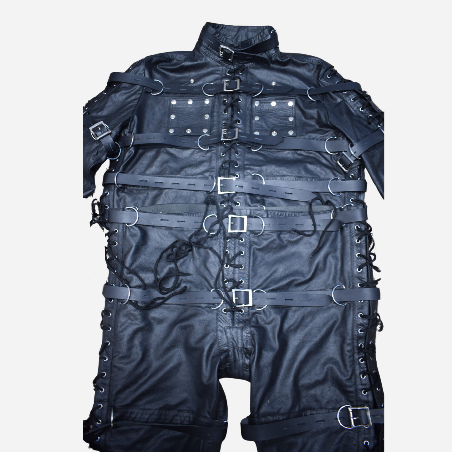 Black Genuine Leather durable set features an adjustable belt, detachable chest flaps, and a laced closure.