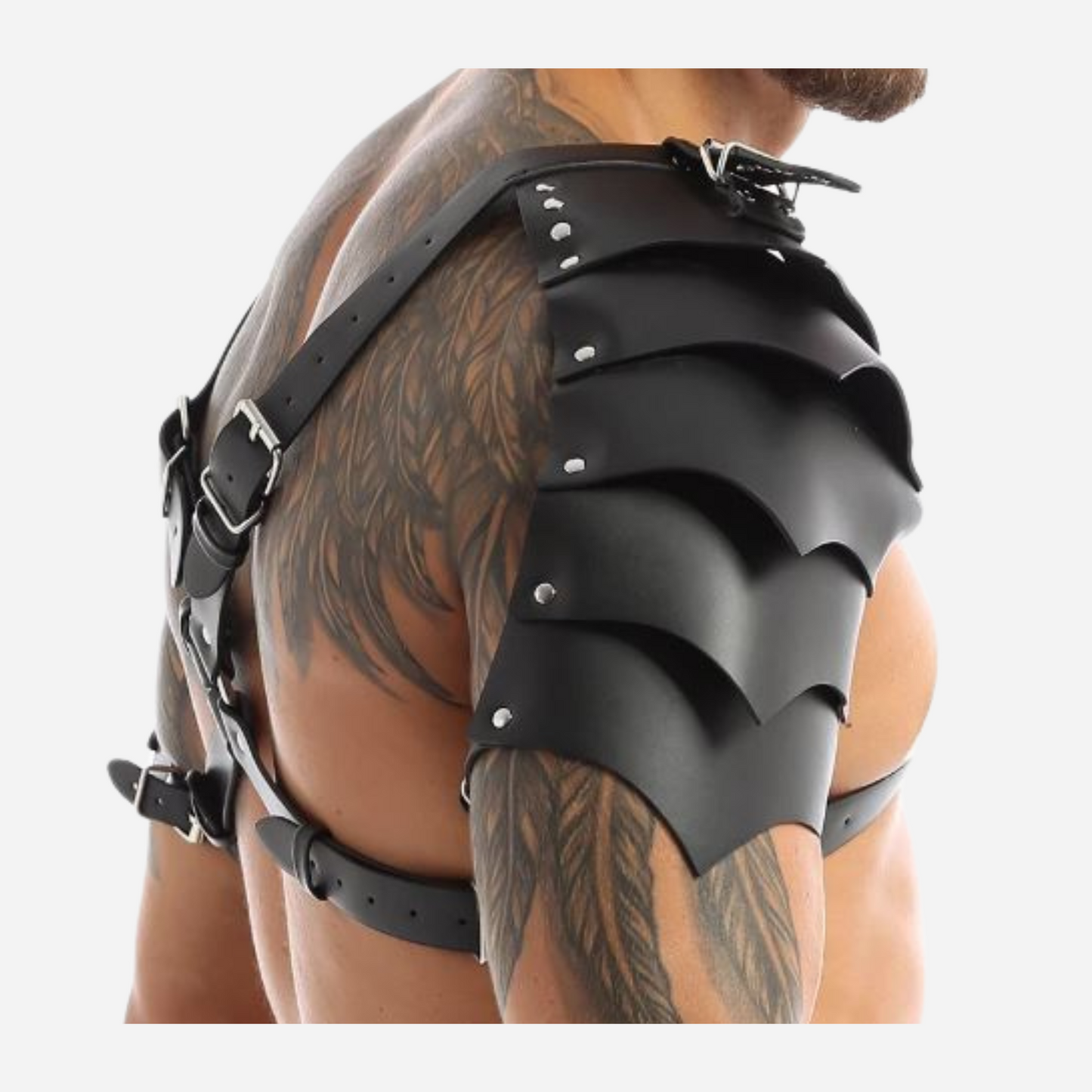 Our Premium Black Leather Shoulder and Chest Harness, featuring adjustable straps and intricate steampunk design. Perfect for costumes. Explore our collection of steampunk accessories and leather harness to complete your look!