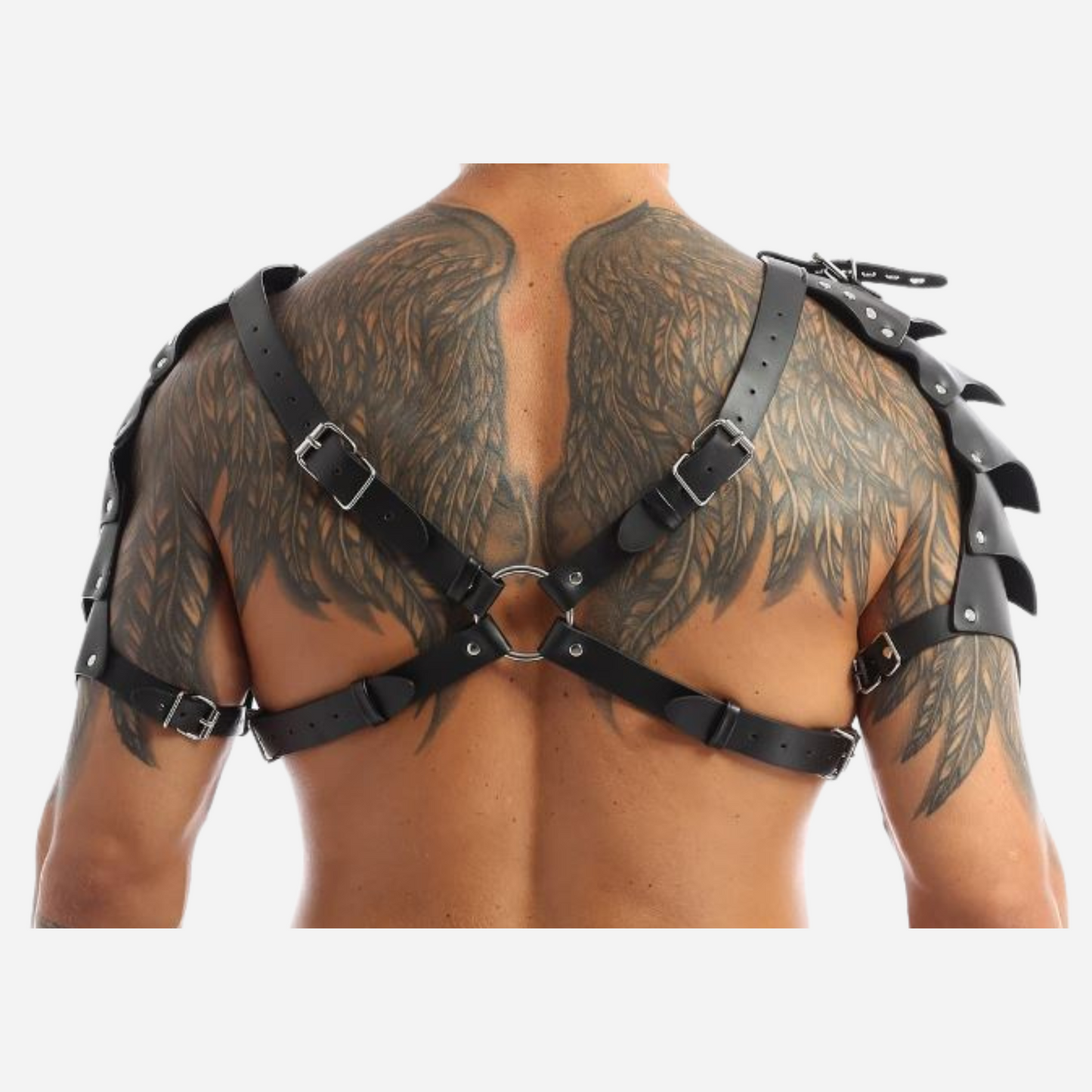 Our Premium Black Leather Shoulder and Chest Harness, featuring adjustable straps and intricate steampunk design. Perfect for costumes. Explore our collection of steampunk accessories and leather harness to complete your look!