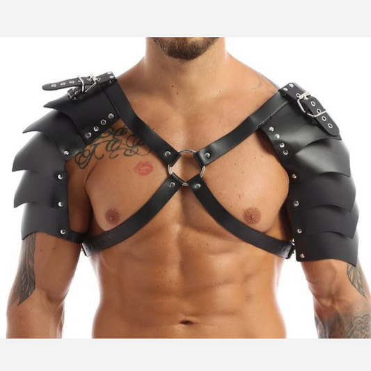 Our Premium Black Leather Shoulder and Chest Harness, featuring adjustable straps and intricate steampunk design. Perfect for costumes. Explore our collection of steampunk accessories and leather harness to complete your look!