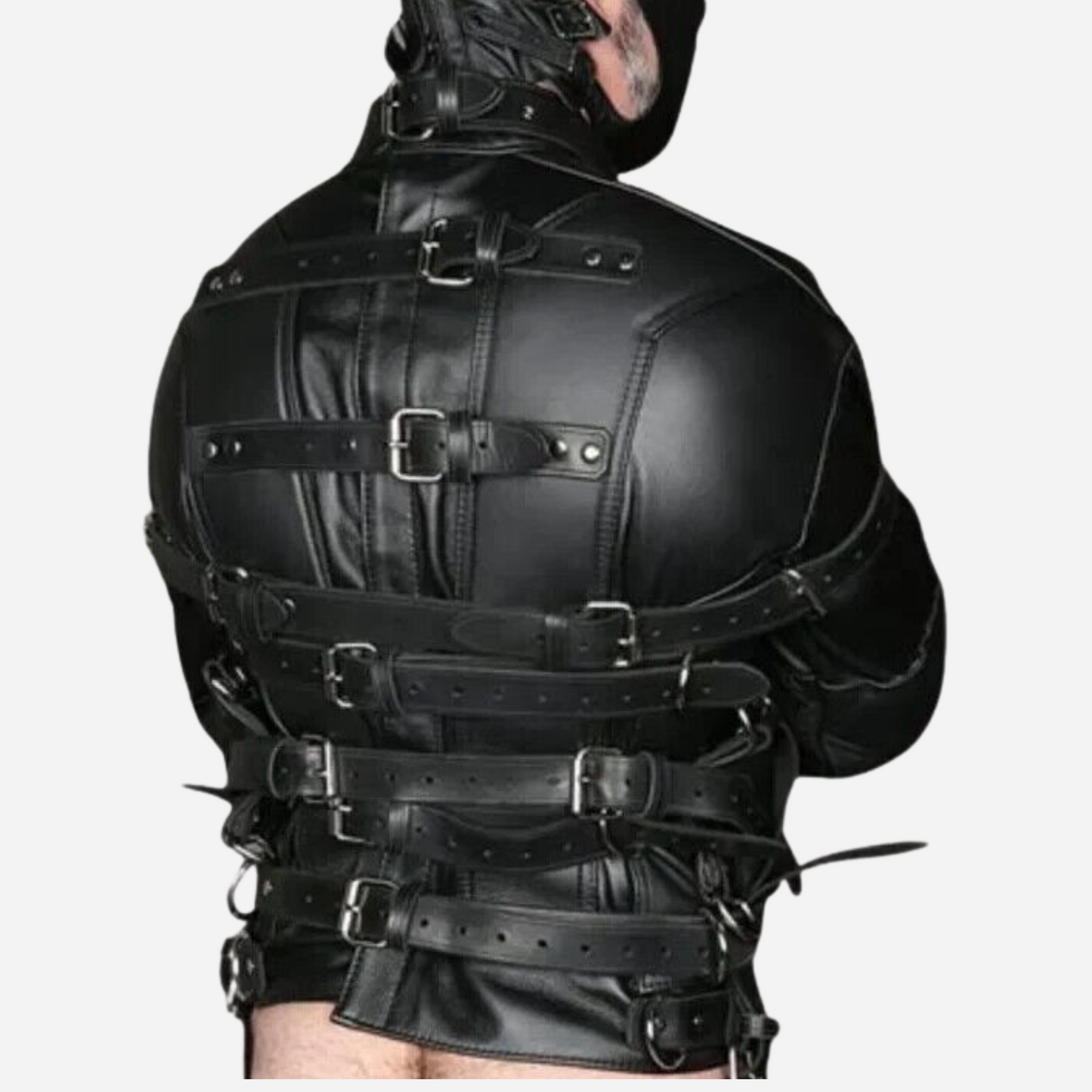 Real Leather Straitjacket, made from 100% genuine leather. Fully padded, an adjustable collar with a D-Ring, Available in sizes Small to 4XL.
