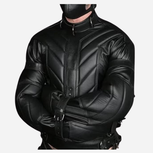 Real Leather Straitjacket, made from 100% genuine leather. Fully padded, an adjustable collar with a D-Ring, Available in sizes Small to 4XL.
