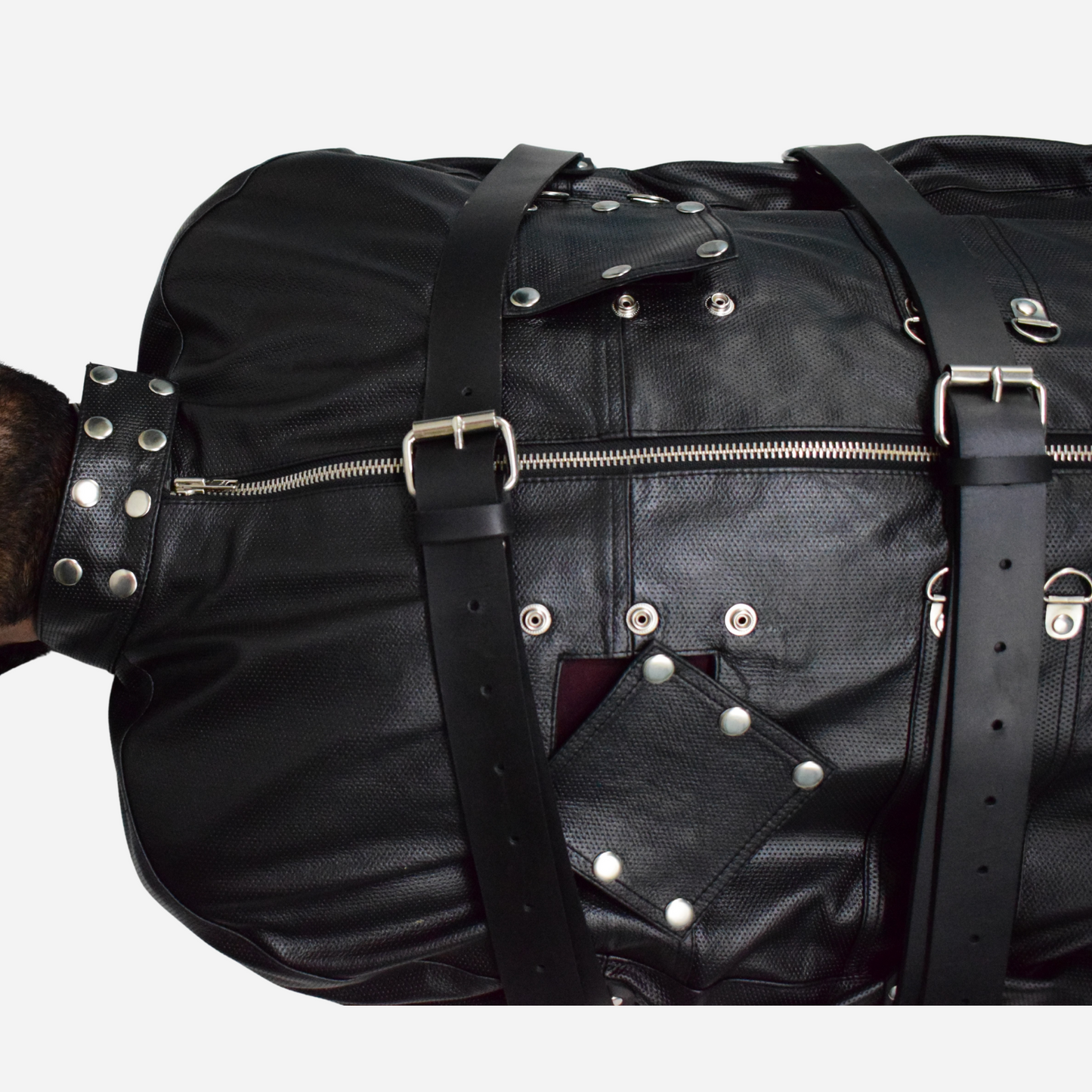 Body Bag, crafted from 100% genuine leather. Features a versatile 3-way YKK zipper, with lining options. It has adjustable belts all around the body.