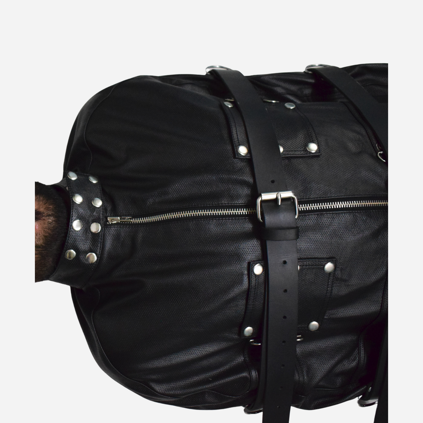 Body Bag, crafted from 100% genuine leather. Features a versatile 3-way YKK zipper, with lining options. It has adjustable belts all around the body.