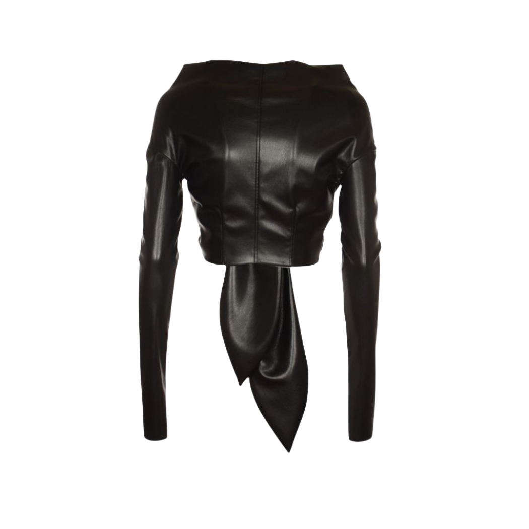 Make a statement with our Chic Black Leather Top featuring a front knot style and deep V-neck. With fitted full sleeves, this top exudes sophistication and style. Handmade from genuine leather, and cut with premium stitching.