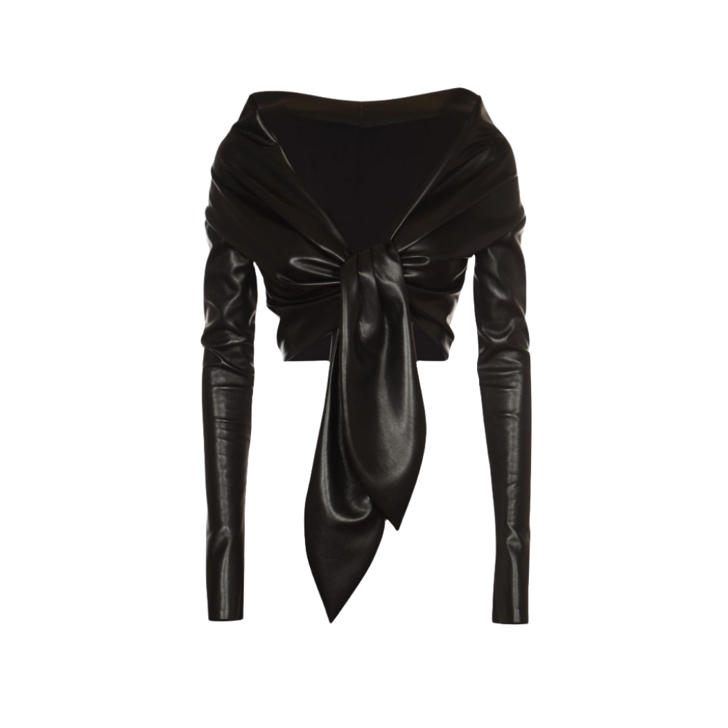 Make a statement with our Chic Black Leather Top featuring a front knot style and deep V-neck. With fitted full sleeves, this top exudes sophistication and style. Handmade from genuine leather, and cut with premium stitching.