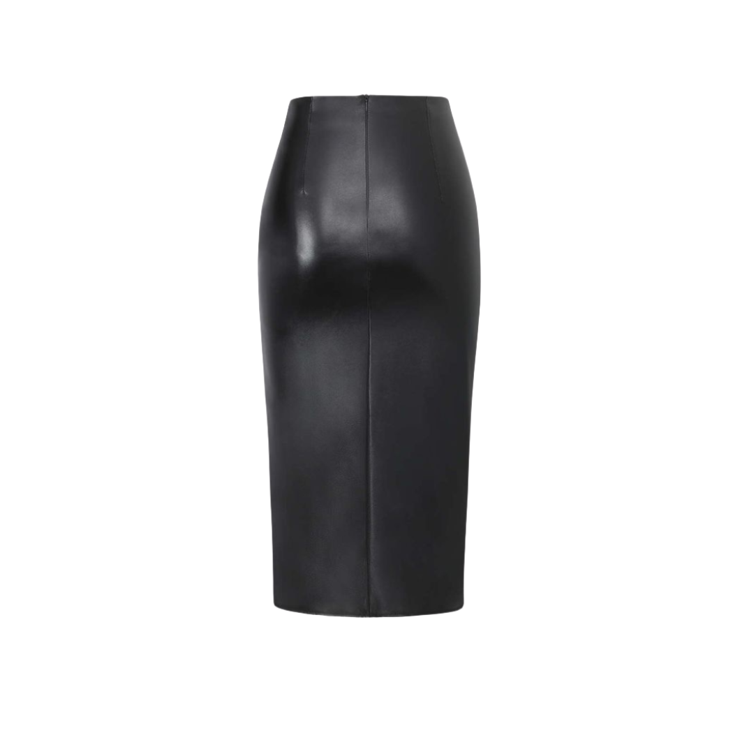 our Cicily Draped Genuine Leather Midi Skirt. Crafted from luxurious genuine leather, this midi leather skirt exudes effortless elegance with its draped design. Perfect for any occasion, it is a versatile leather skirt