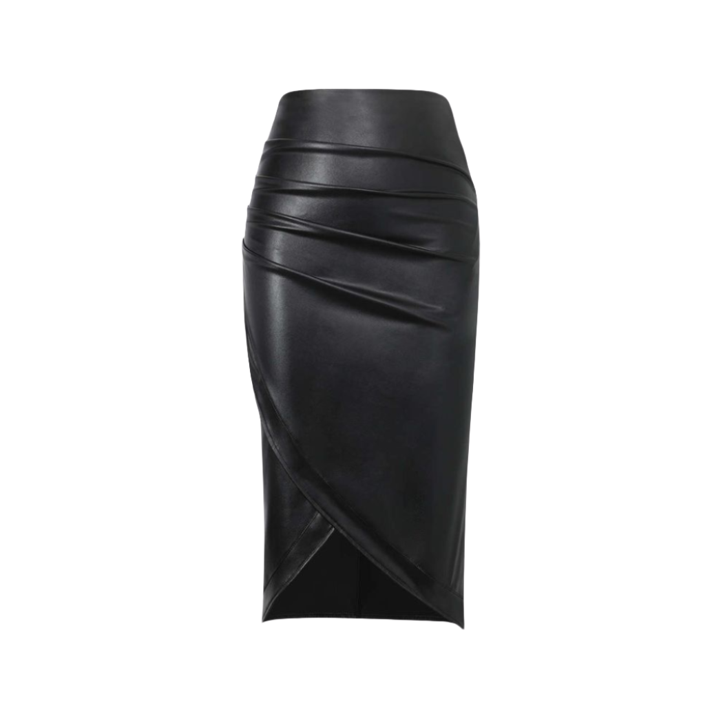 our Cicily Draped Genuine Leather Midi Skirt. Crafted from luxurious genuine leather, this midi leather skirt exudes effortless elegance with its draped design. Perfect for any occasion, it is a versatile leather skirt