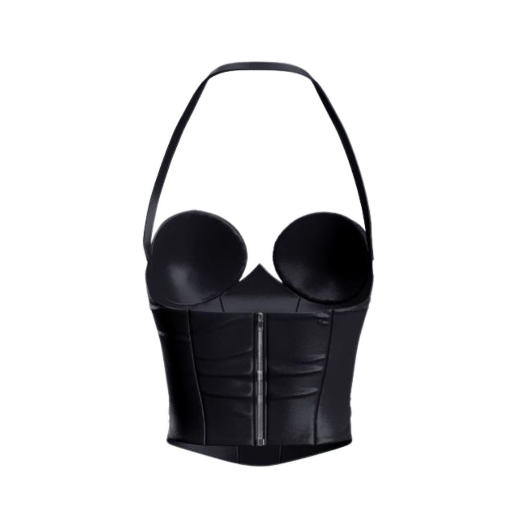 Turn heads with our Sexy Halter Neck Genuine Leather Top featuring a spiral bust design with circular cover and a body-hugging fit. Complete with a YKK zipper closure on the back. Shop now and make a statement!