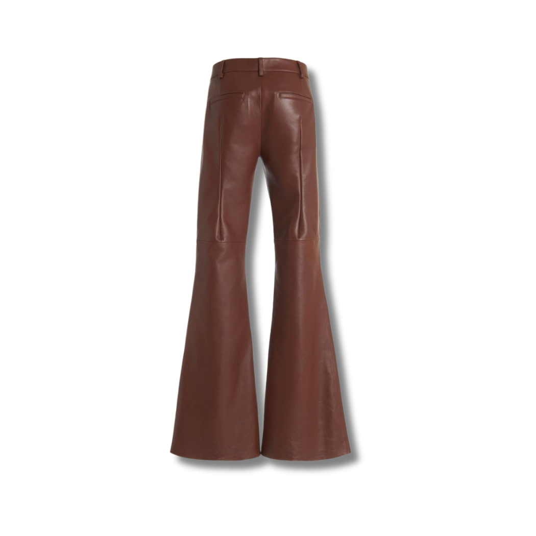 Discover comfort and style with our Earl Flare Leather Pants in brown. Featuring two back pockets, two darts for a perfect fit, and a hidden fly, these leather pants are crafted from smooth leather for a sleek and comfortable look. This leather pant executes luxury and class because of its craftsmanship.
