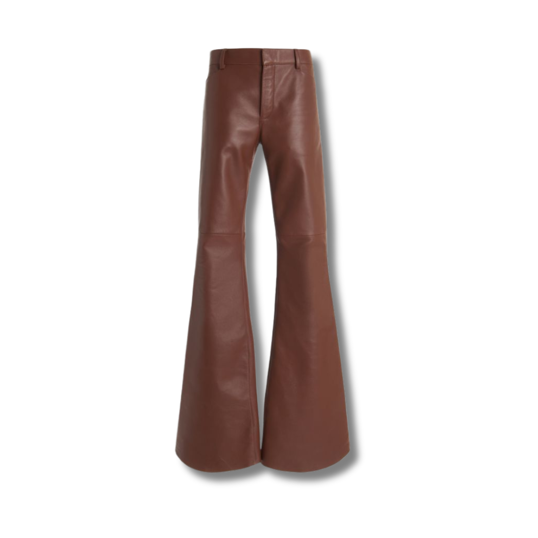 Discover comfort and style with our Earl Flare Leather Pants in brown. Featuring two back pockets, two darts for a perfect fit, and a hidden fly, these leather pants are crafted from smooth leather for a sleek and comfortable look. This leather pant executes luxury and class because of its craftsmanship.