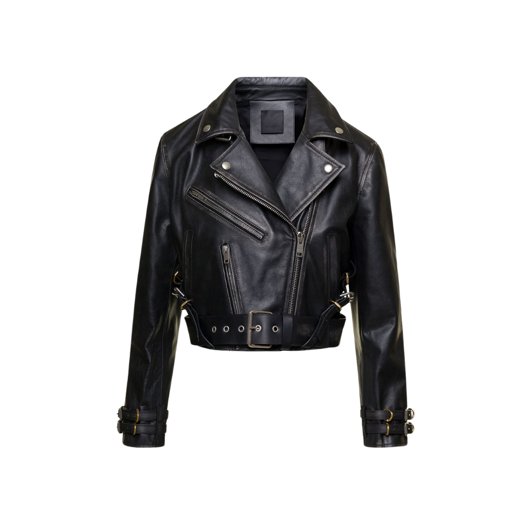 Upgrade your wardrobe with our zip-up leather jacket featuring a lapel collar, zipper pockets, cuff details, and waist belt. Crafted from premium leather, this versatile leather jacket exudes sophistication and durability. Shop now for the perfect blend of style and functionality of our women's leather jacket