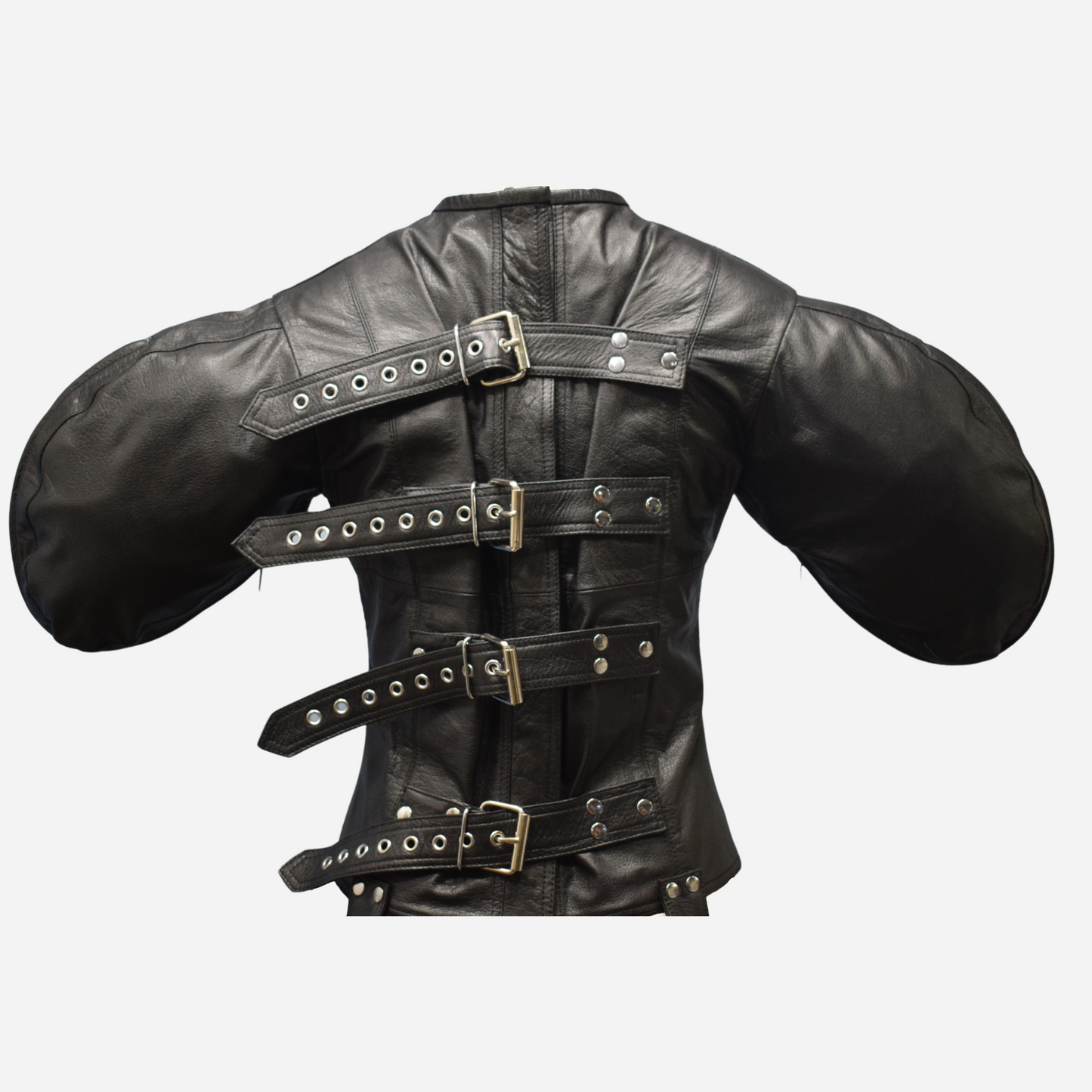 Genuine Leather Black straight jacket with zipper bust and arm binder sleeves.