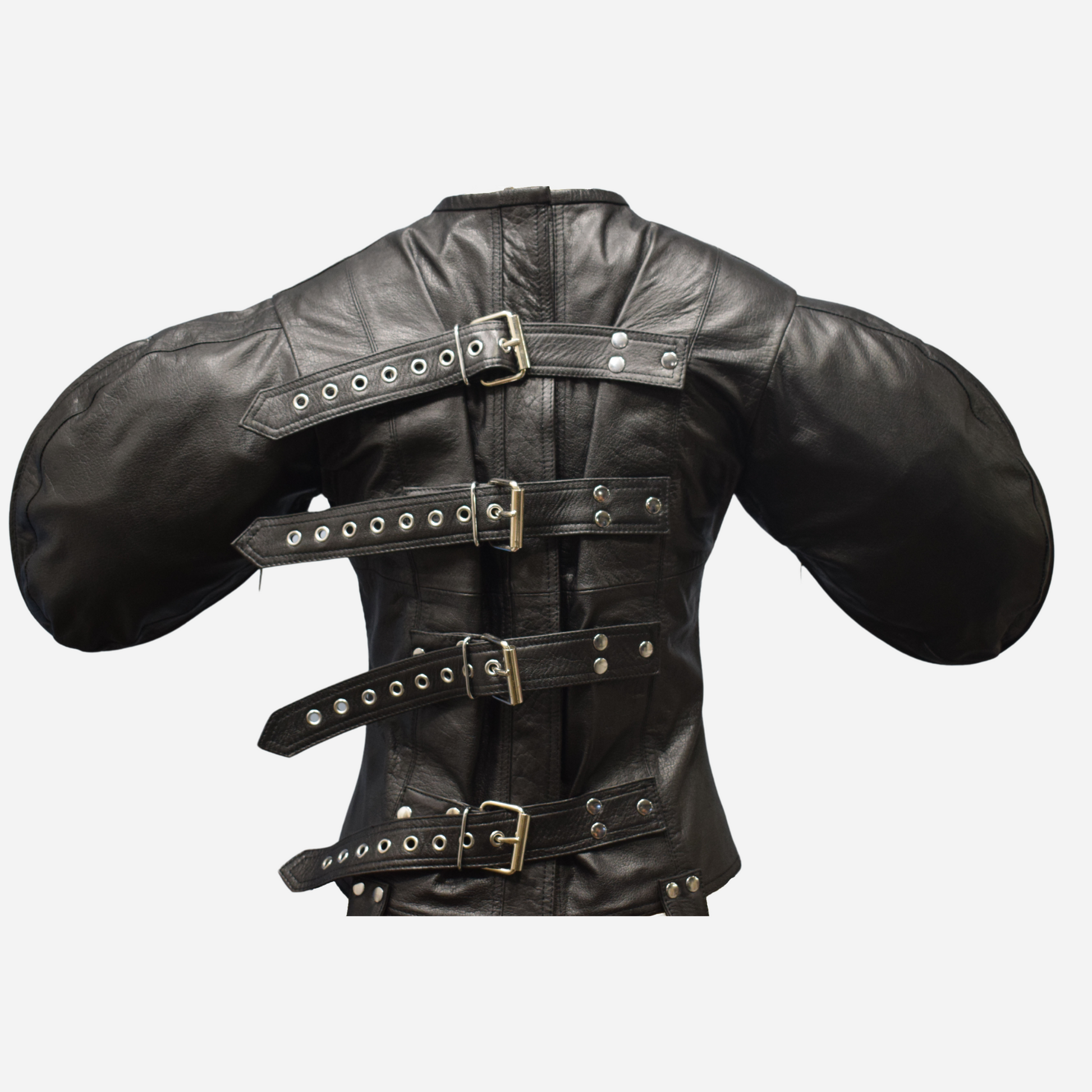 Genuine Leather Black straight jacket with zipper bust and arm binder sleeves.