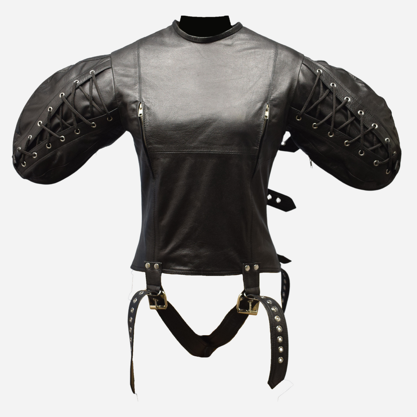 Genuine Leather Black straight jacket with zipper bust and arm binder sleeves.