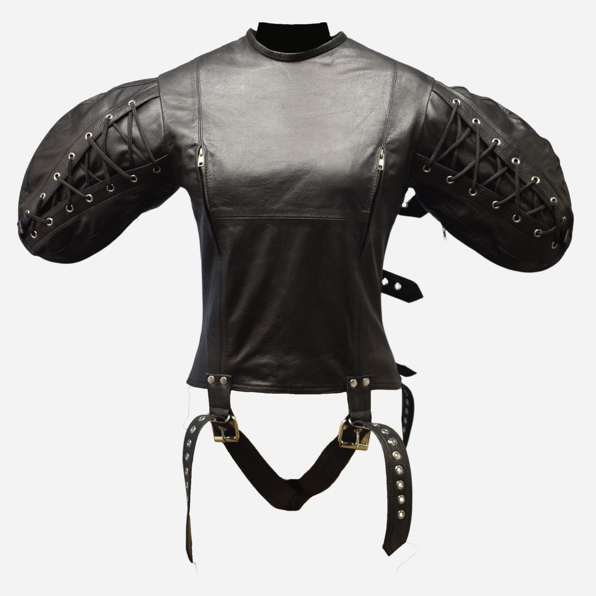 Genuine Leather Black straight jacket with zipper bust and arm binder sleeves.