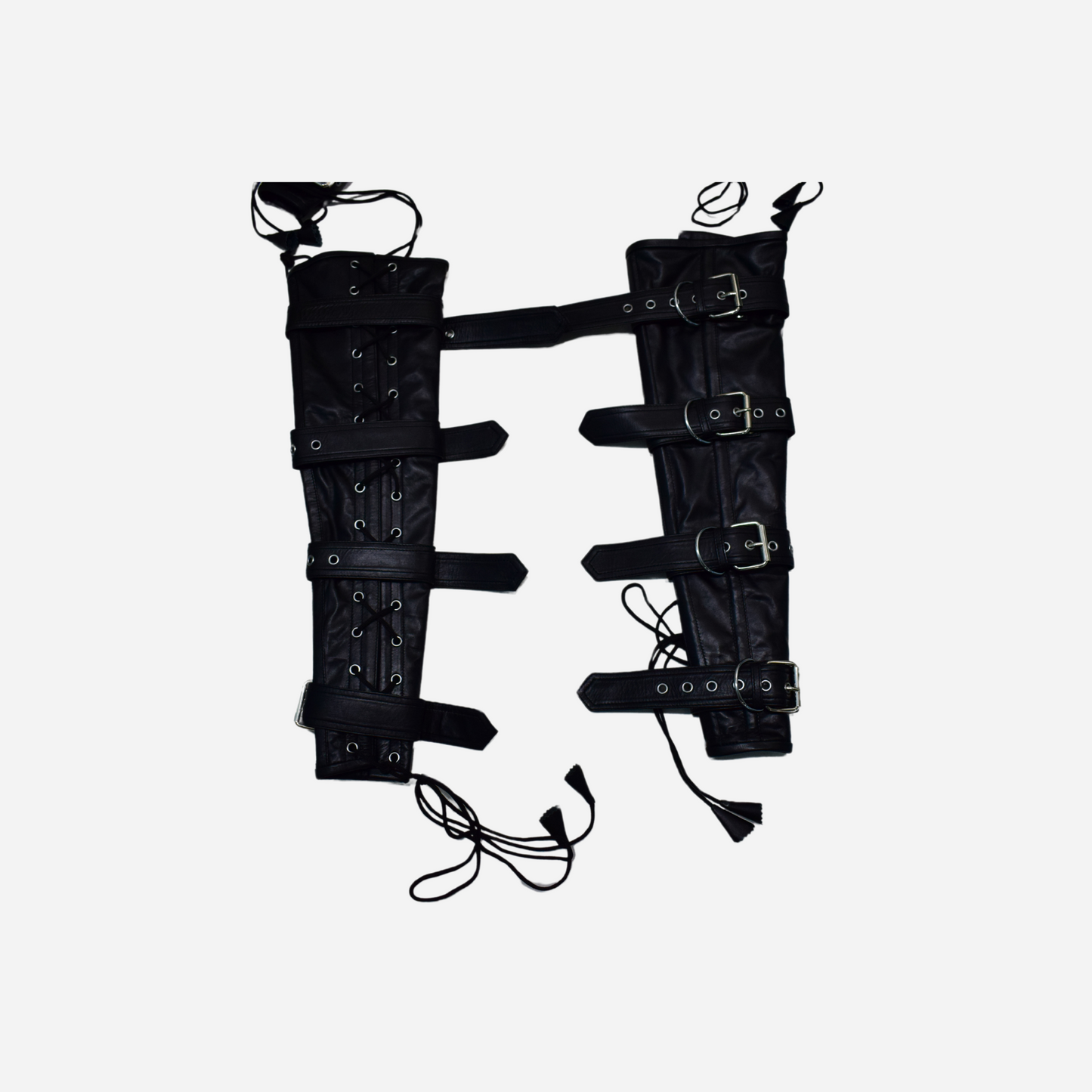 Discover the ultimate in restraint with our High-Quality Genuine Leather Arm & Legs Binder. Featuring adjustable buckle belts, a laced-up design, and durable nickel-plated D-rings, this professionally handmade binder ensures a secure, snug fit for all sizes. Perfect for precise limb positioning and bondage play. Explore our premium leather restraints and experience exceptional craftsmanship. One size fits all.