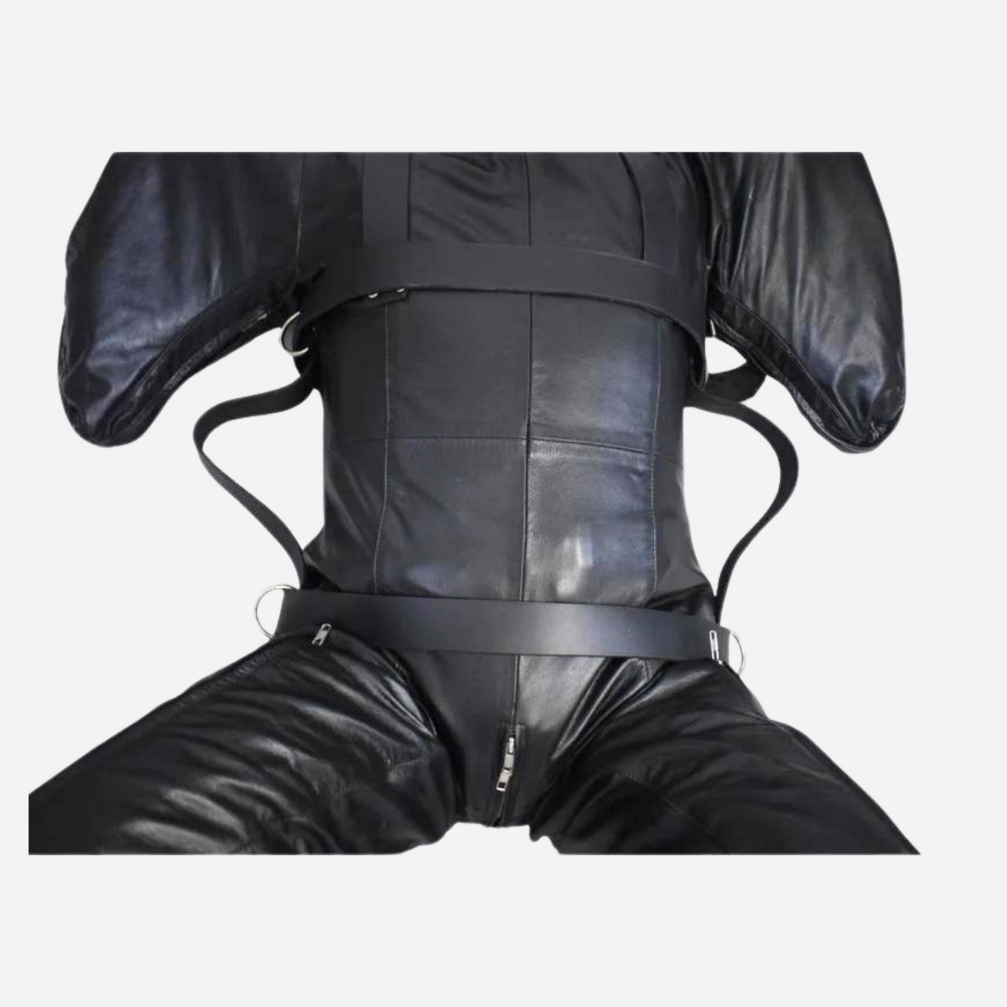 "Experience unparalleled luxury and control with our Genuine Leather Bondage Sleepsack. Crafted from premium leather, it features adjustable belts, a rear zipper for easy access, and bended sleeves with secure zippers. Designed for cosplay play, it includes rust-proof hardware and strong stitching for durability. Available in all sizes, with custom options for a perfect fit."