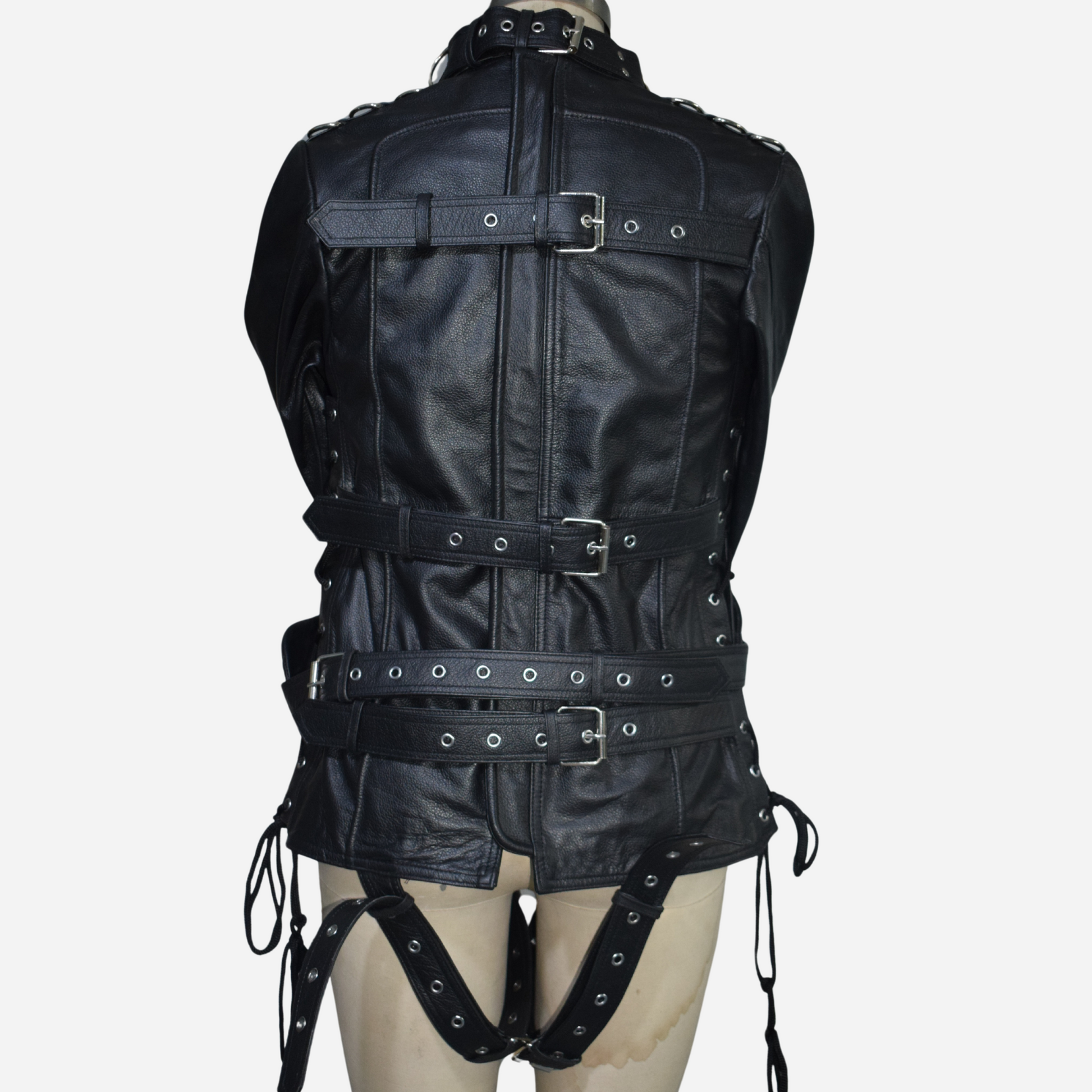 Real leather black jacket with adjustable straps and zipper chest.