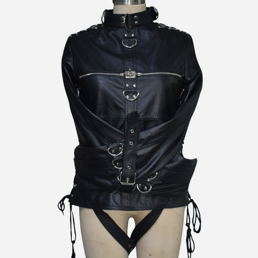 Real leather black jacket with adjustable straps and zipper chest.
