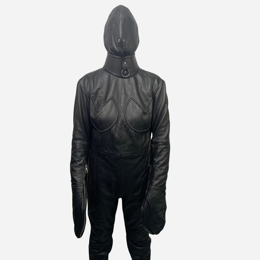 Our Genuine Leather Black Gothic Jumpsuit with zipper fastening.