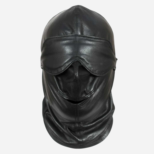 Black Leather hood mask with detachable blind fold and mouth strap.