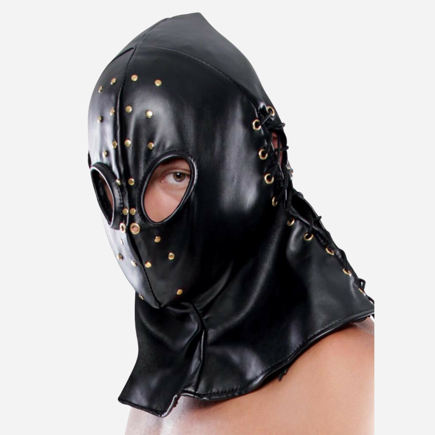 Genuine Leather Hood Mask With lace up sides and opened eyes.