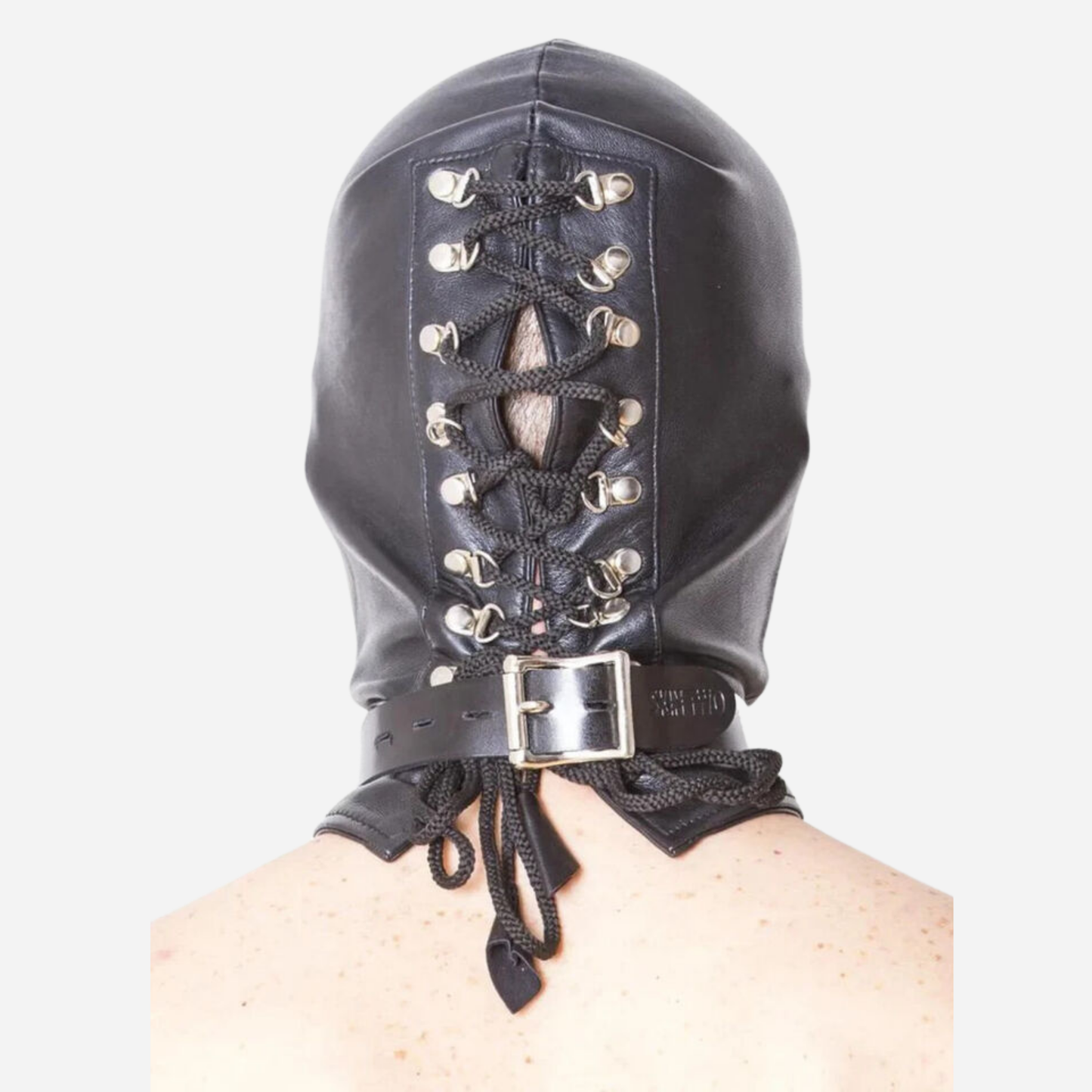Genuine Leather Fetish hood with cut out eye, nose and mouth holes & lacing at the back.