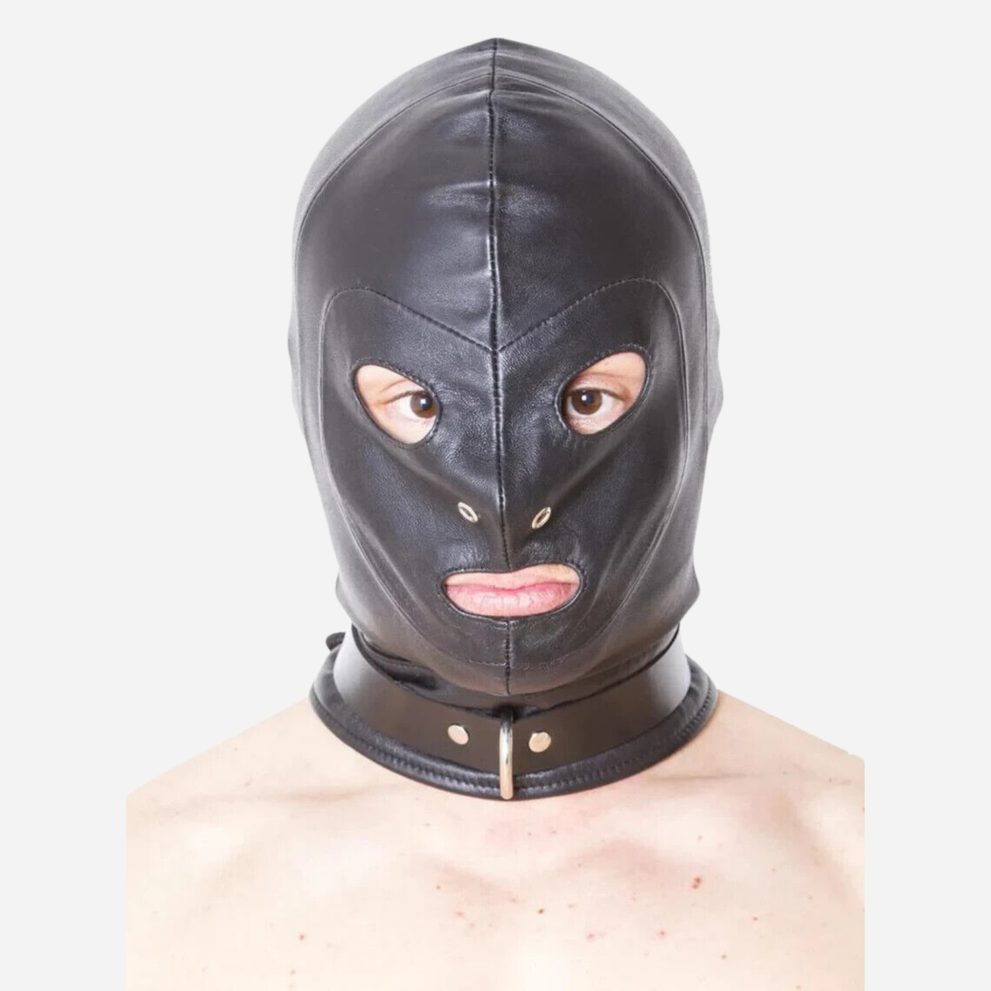 Genuine Leather Fetish hood with cut out eye, nose and mouth holes & lacing at the back.