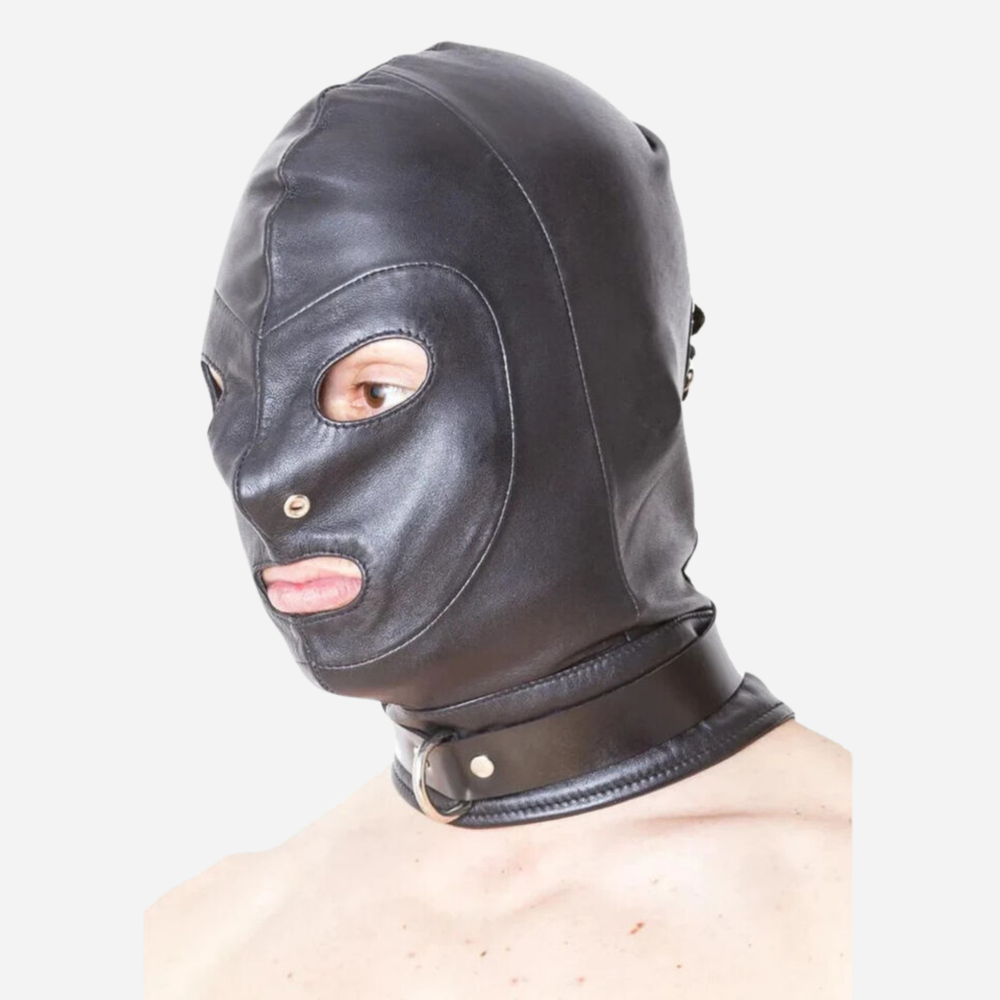 Genuine Leather Fetish hood with cut out eye, nose and mouth holes & lacing at the back.